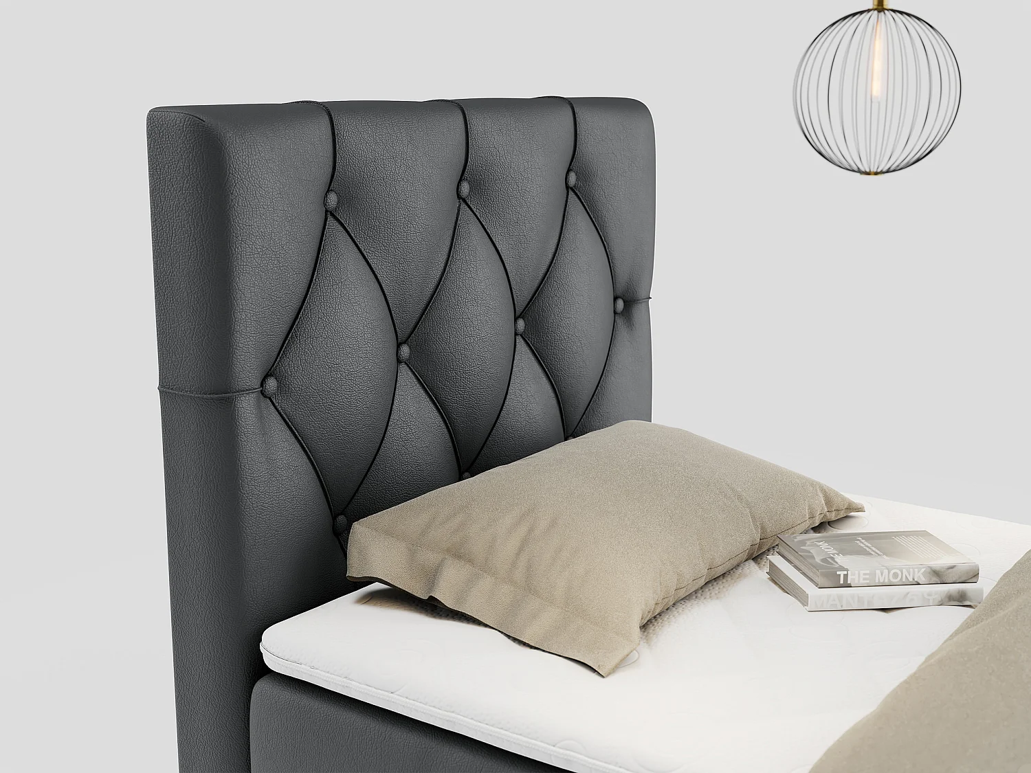 Boxspringbett ALDA - Einzelbett mit gestepptem Kopfteil, Multipocket-Matratze und Topper, Bettkasten - 90x200 cm - H4 - Dunkelgrau Kunstleder - Links Seite