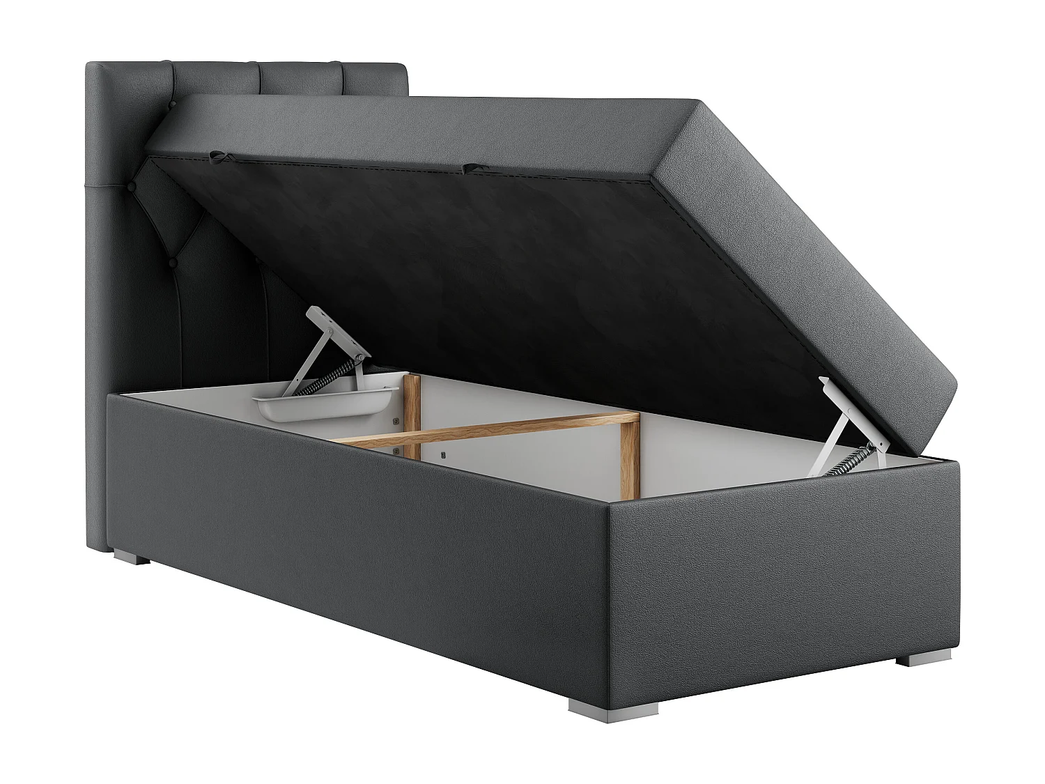 Boxspringbett ALDA - Einzelbett mit gestepptem Kopfteil, Multipocket-Matratze und Topper, Bettkasten - 90x200 cm - H4 - Dunkelgrau Kunstleder - Links Seite