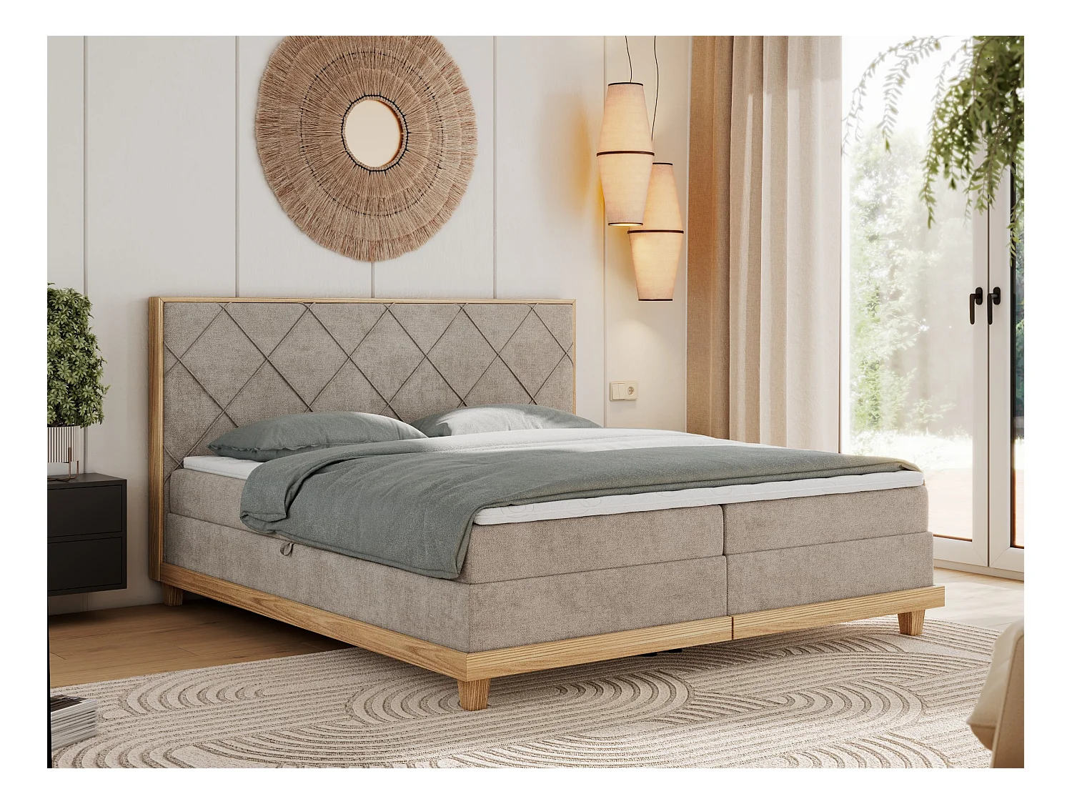 Boxspringbett CAICOS - mit gestepptem Kopfteil, Multipocket-Matratze und Topper, Holzelementen - 180x200 cm - H3 - Beige Strukture
