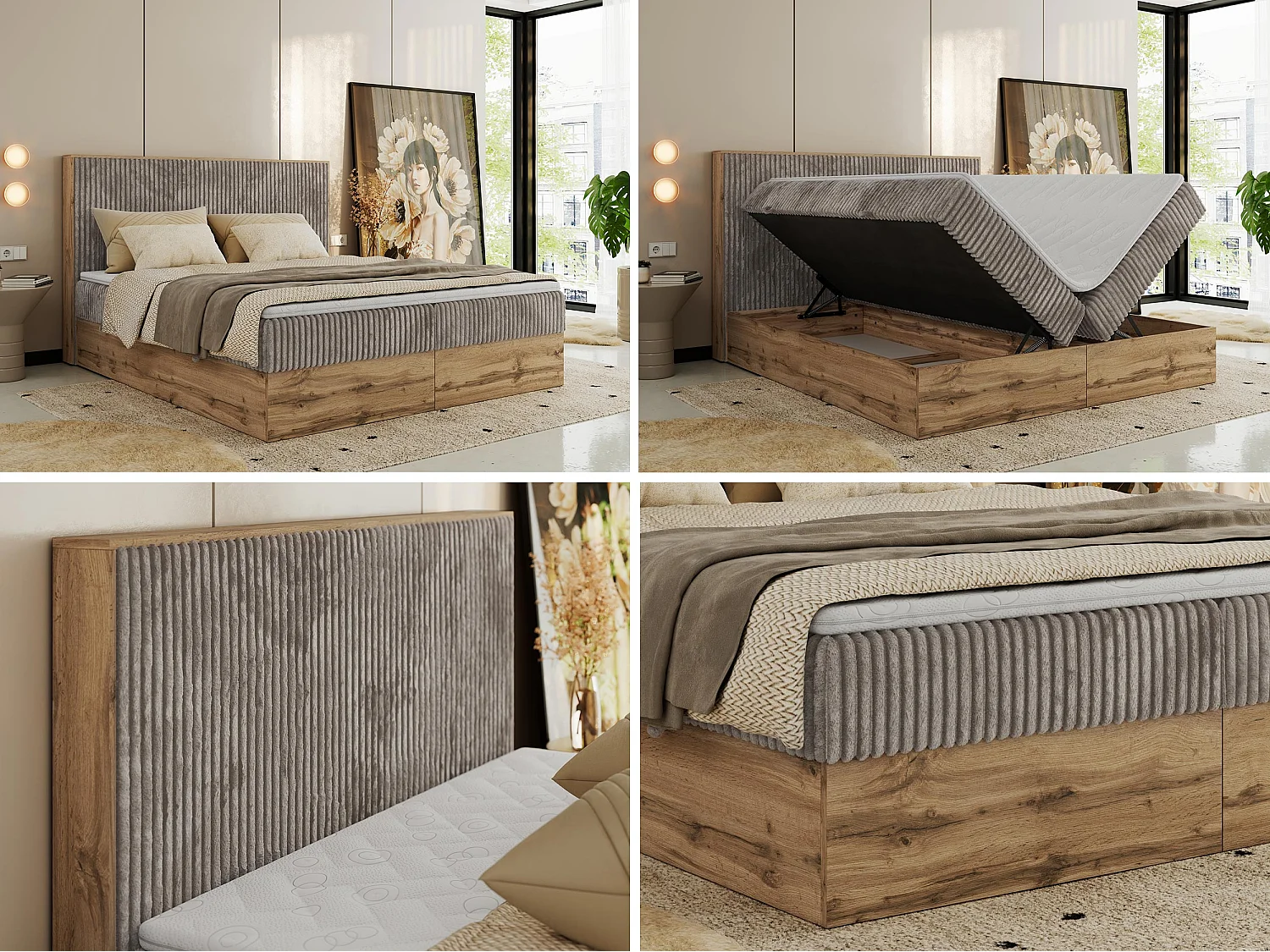 Boxspringbett WOOD CLASSIC - Doppelbett für Schlafzimmer, Set mit Multipocket-Matratze, Holzrahmen - 140x200 cm - H3 - Hellbraun Cord