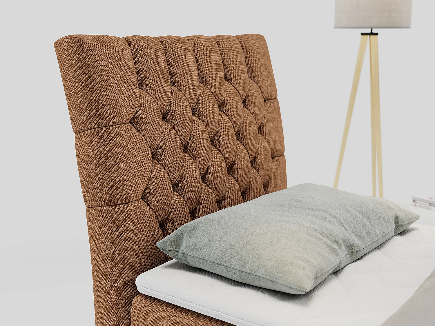 Boxspringbett MILEN - Polsterbett auf Metallbeine, Set mit Multipocket-Matratze, Gesteppte Kopfstütze - 90x200 cm - H3 - Orange Strukture - Links Seite