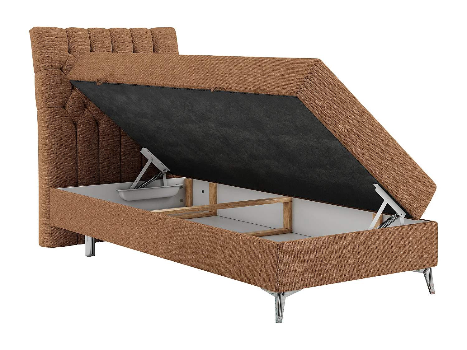 Boxspringbett MILEN - Polsterbett auf Metallbeine, Set mit Multipocket-Matratze, Gesteppte Kopfstütze - 90x200 cm - H3 - Orange Strukture - Links Seite