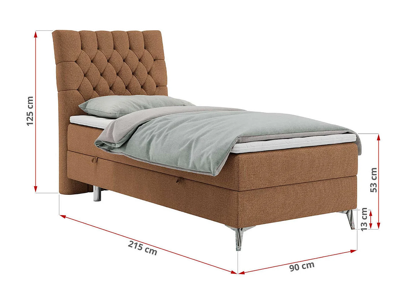 Boxspringbett MILEN - Polsterbett auf Metallbeine, Set mit Multipocket-Matratze, Gesteppte Kopfstütze - 90x200 cm - H3 - Orange Strukture - Links Seite