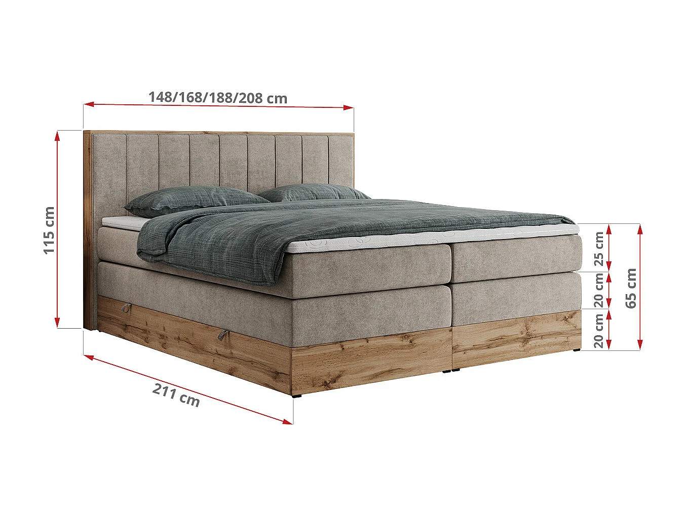 Boxspringbett BELLISSIMO KING - für Schlafzimmer, zwei Multipocket-Matratzen, Set mit Kopfteil und Topper, Holzrahmen - 180x200 cm - H4 - Beige Strukture