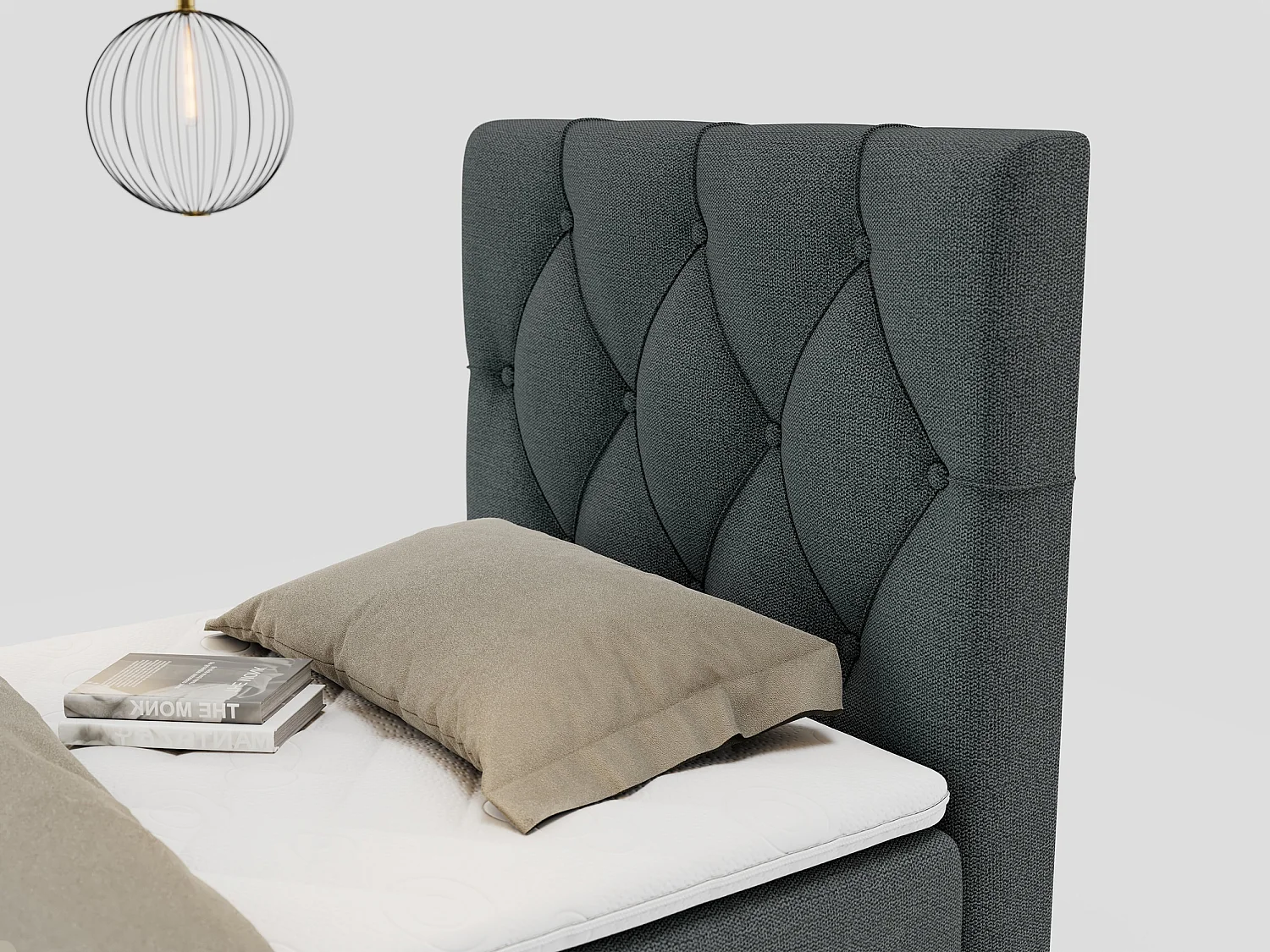 Boxspringbett ALDA - Einzelbett mit gestepptem Kopfteil, Multipocket-Matratze und Topper, Bettkasten - 90x200 cm - H4 - Dunkelgrau Strukture - Rechts Seite