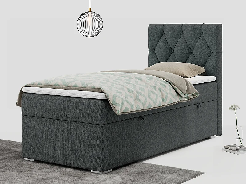 Boxspringbett ALDA - Einzelbett mit gestepptem Kopfteil, Multipocket-Matratze und Topper, Bettkasten - 90x200 cm - H4 - Dunkelgrau Strukture - Rechts Seite