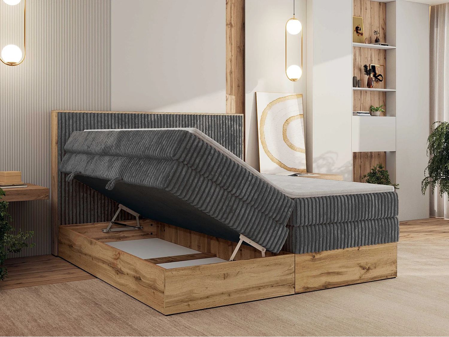 Boxspringbett WOOD CLASSIC KING - Polsterbett mit hohe Kopfteil, zwei Multipocket-Matratze, Bettkästen - 140x200 cm - H3 - Grau Cord