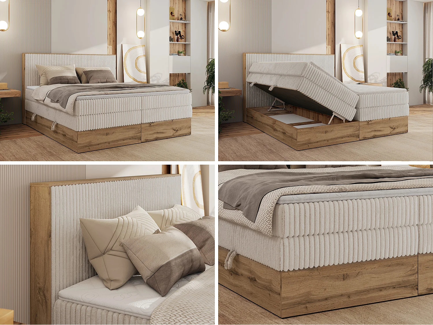 Boxspringbett WOOD CLASSIC KING - Polsterbett mit hohe Kopfteil, zwei Multipocket-Matratze, Bettkästen - 140x200 cm - H4 - Beige Cord