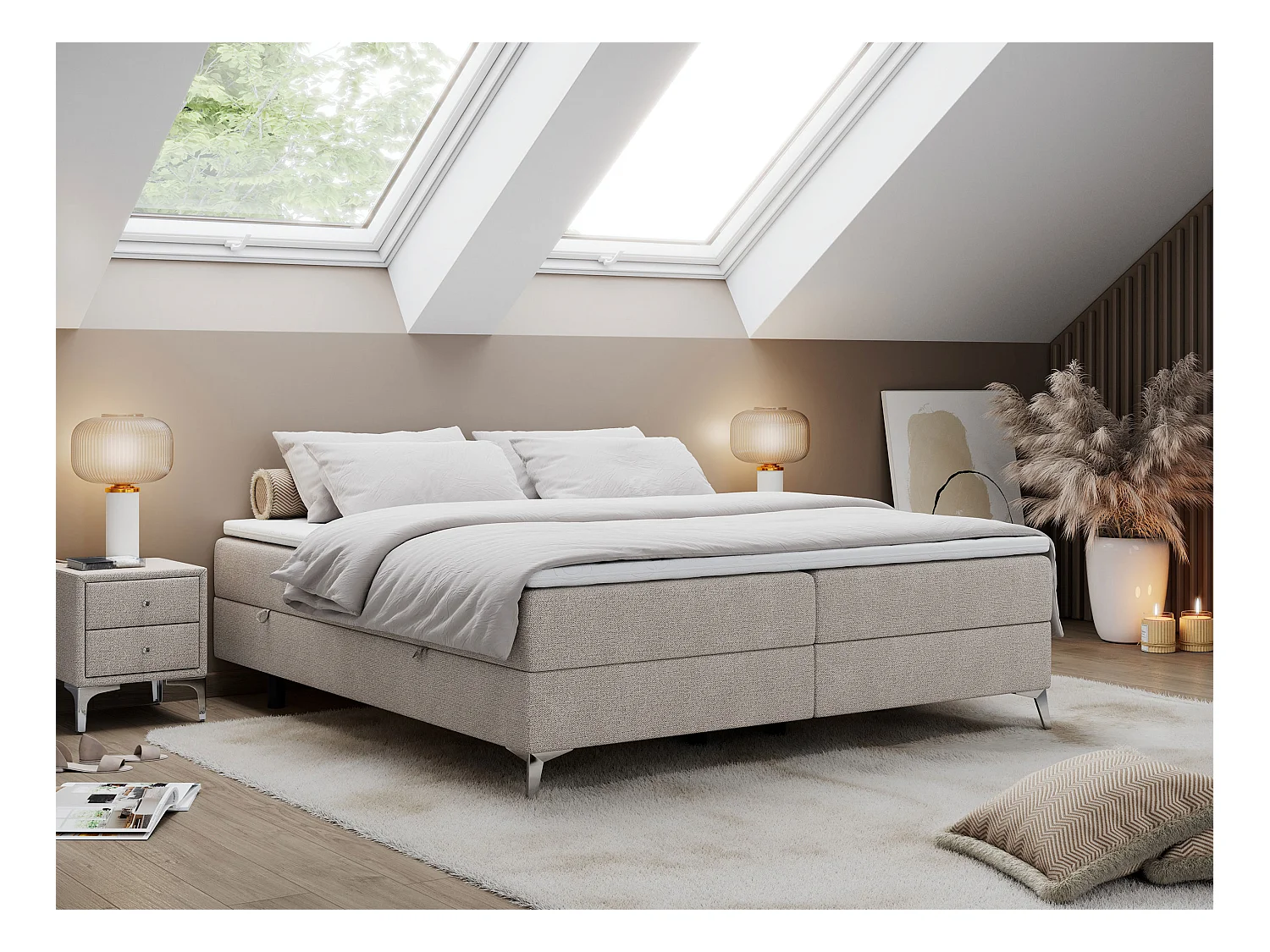 Boxspringbett LESS - Doppelbett mit zwei Bettkästen, 7 Härtezonen Multipocket-Matratzen, hohe Metallbeine - 200x200 cm - H3 - Beige Strukture