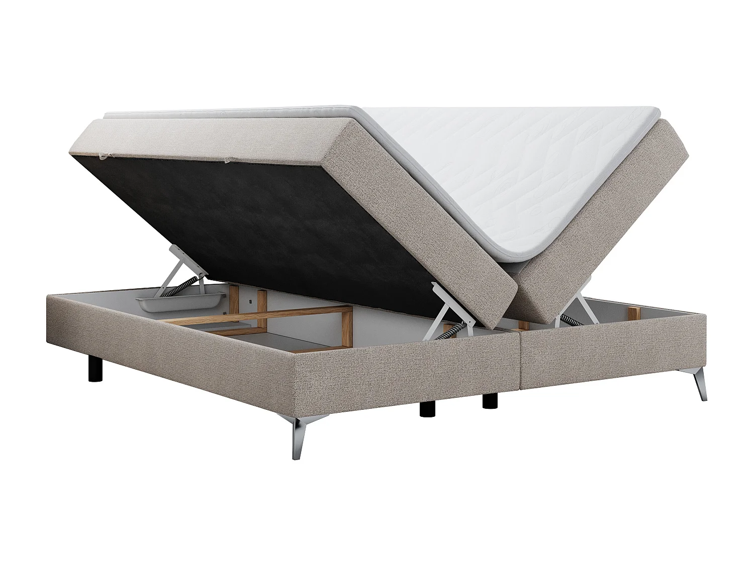 Boxspringbett LESS - Doppelbett mit zwei Bettkästen, 7 Härtezonen Multipocket-Matratzen, hohe Metallbeine - 200x200 cm - H3 - Beige Strukture