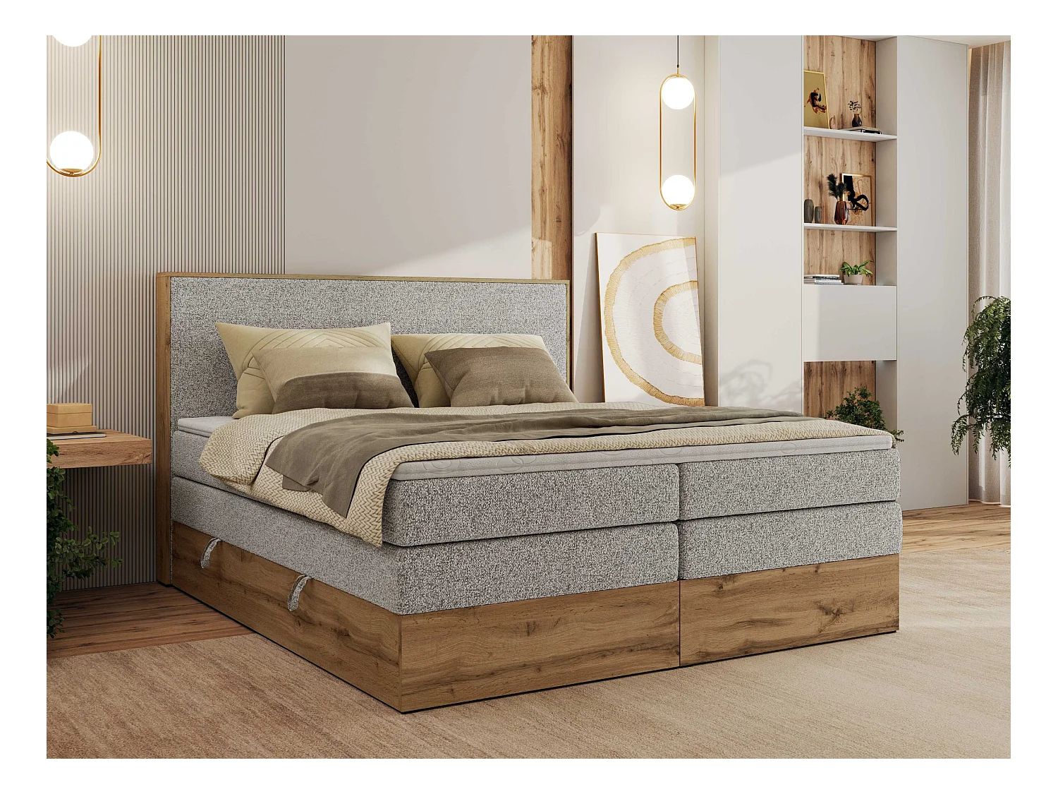 Boxspringbett WOOD CLASSIC KING - Polsterbett mit hohe Kopfteil, zwei Multipocket-Matratze, Bettkästen - 160x200 cm - H3 - Hellgrau Strukture