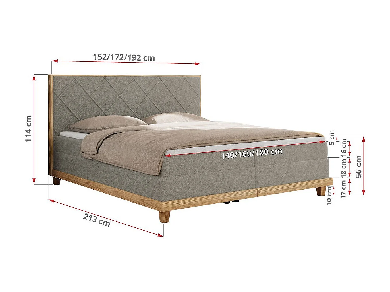 Boxspringbett CAICOS - mit gestepptem Kopfteil, Multipocket-Matratze und Topper, Holzelementen - 140x200 cm - H3 - Hellgrau Boucle