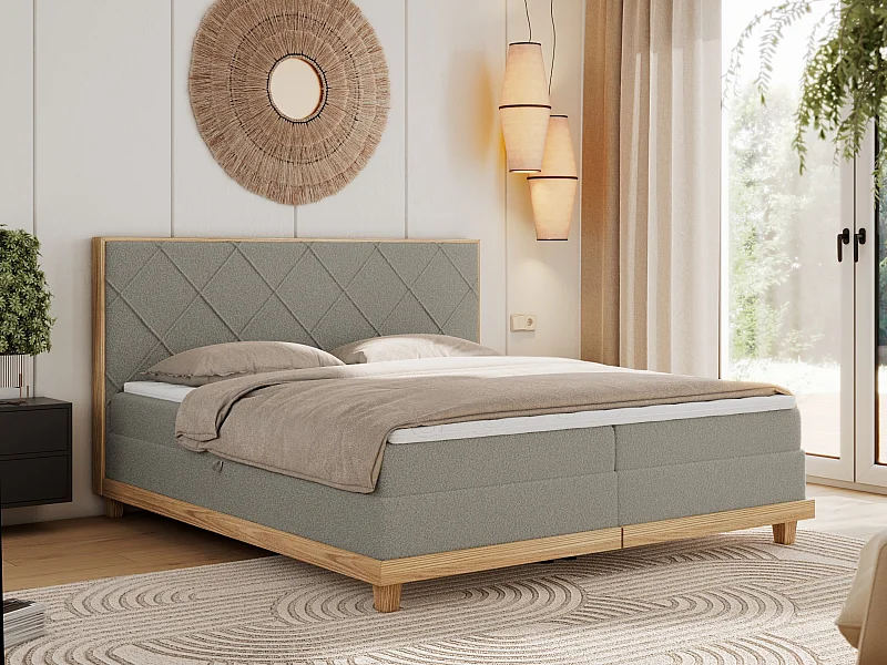 Boxspringbett CAICOS - mit gestepptem Kopfteil, Multipocket-Matratze und Topper, Holzelementen - 160x200 cm - H3 - Hellgrau Boucle