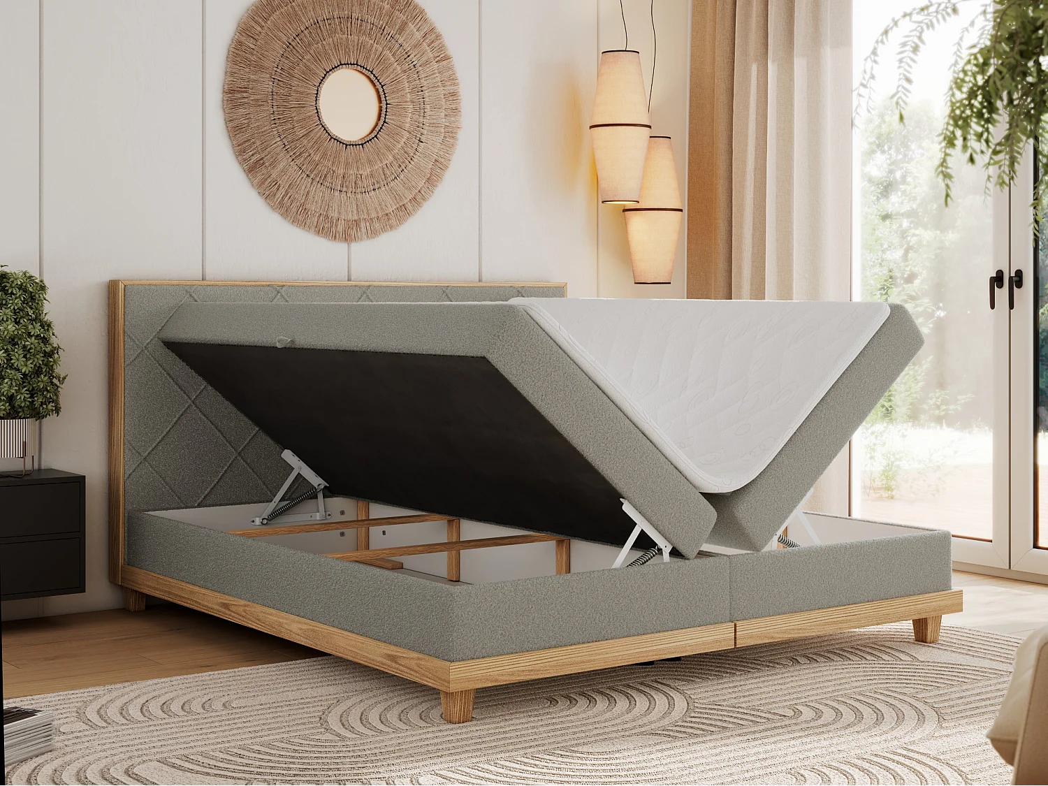Boxspringbett CAICOS - mit gestepptem Kopfteil, Multipocket-Matratze und Topper, Holzelementen - 160x200 cm - H3 - Hellgrau Boucle