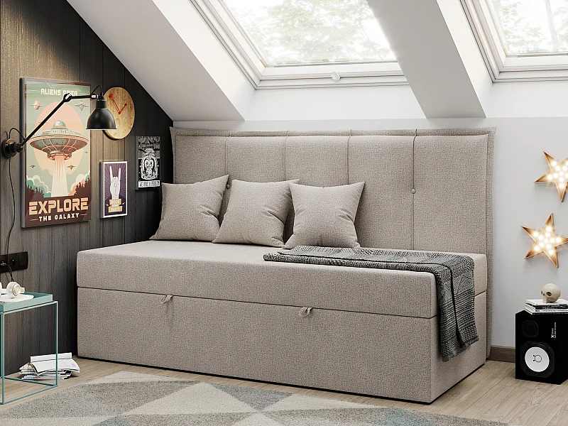 Kinderbett BANCO - Einzelbett für Jugendliche, Set mit Kopfteil und Matratze, Boxspringbett, Bettkasten - 90x200 cm - Beige Strukture