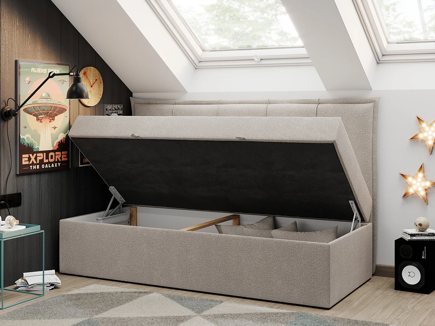 Kinderbett BANCO - Einzelbett für Jugendliche, Set mit Kopfteil und Matratze, Boxspringbett, Bettkasten - 90x200 cm - Beige Strukture