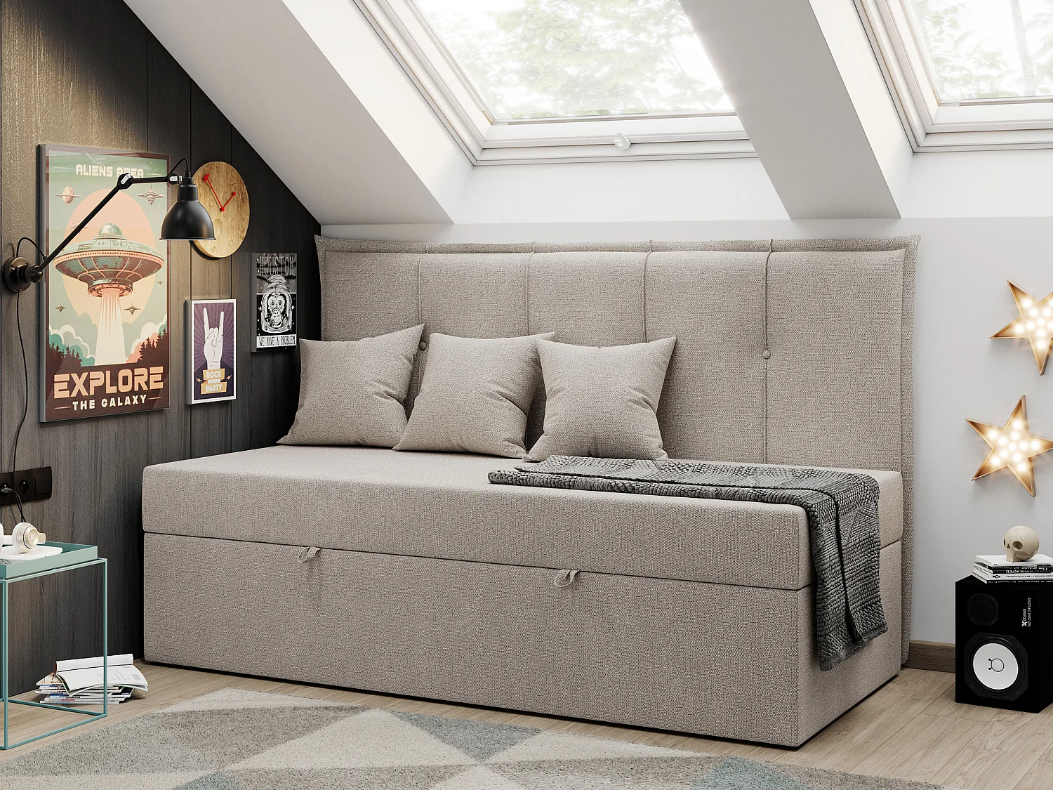 Kinderbett BANCO - Einzelbett für Jugendliche, Set mit Kopfteil und Matratze, Boxspringbett, Bettkasten - 90x200 cm - Beige Strukture