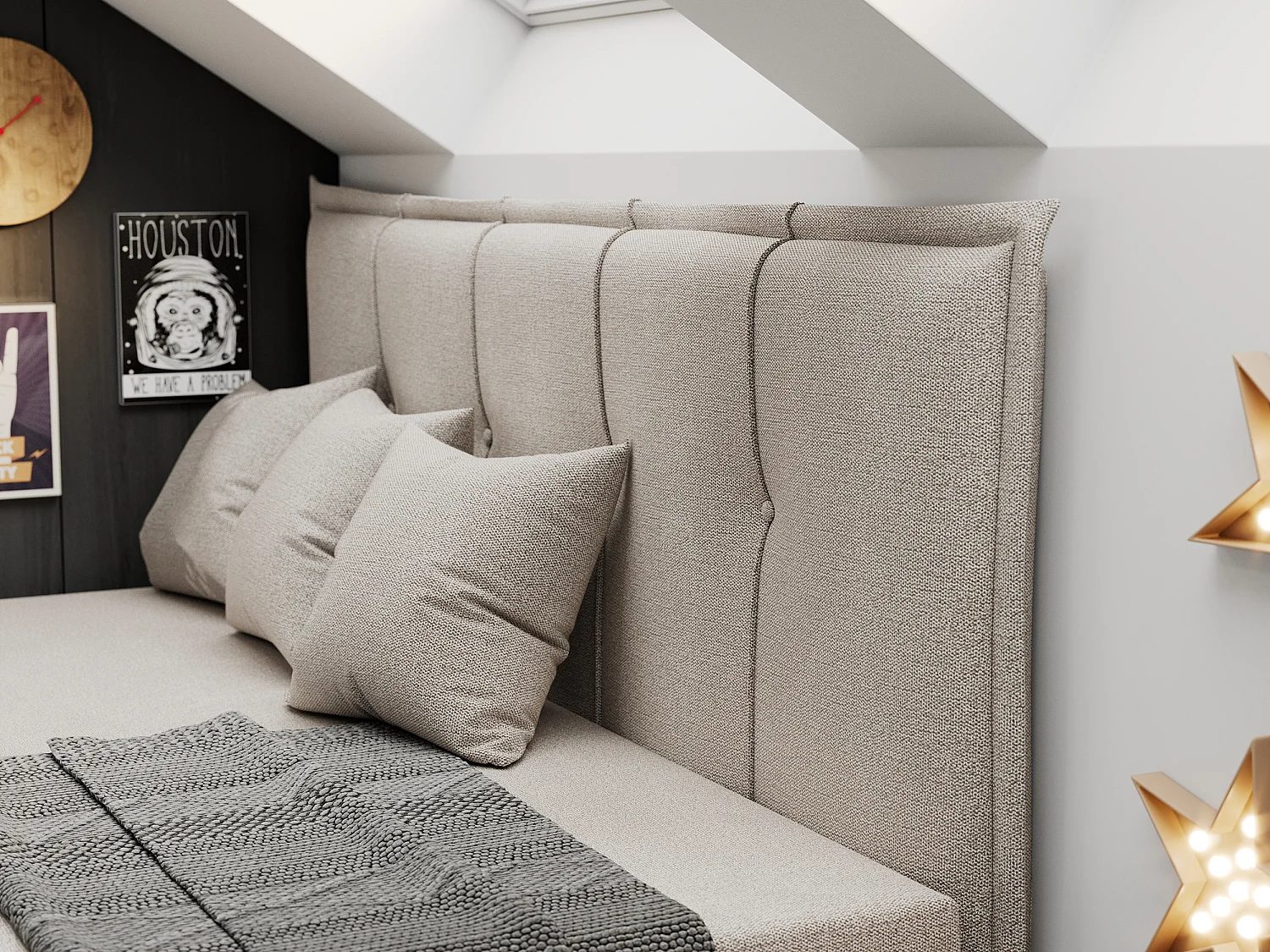 Kinderbett BANCO - Einzelbett für Jugendliche, Set mit Kopfteil und Matratze, Boxspringbett, Bettkasten - 90x200 cm - Beige Strukture