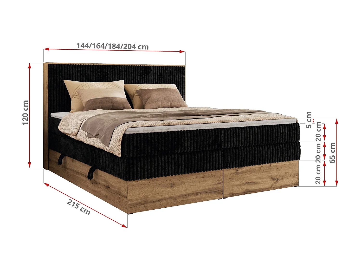 Boxspringbett WOOD CLASSIC KING - Polsterbett mit hohe Kopfteil, zwei Multipocket-Matratze, Bettkästen - 160x200 cm - H3 - Schwarz Cord