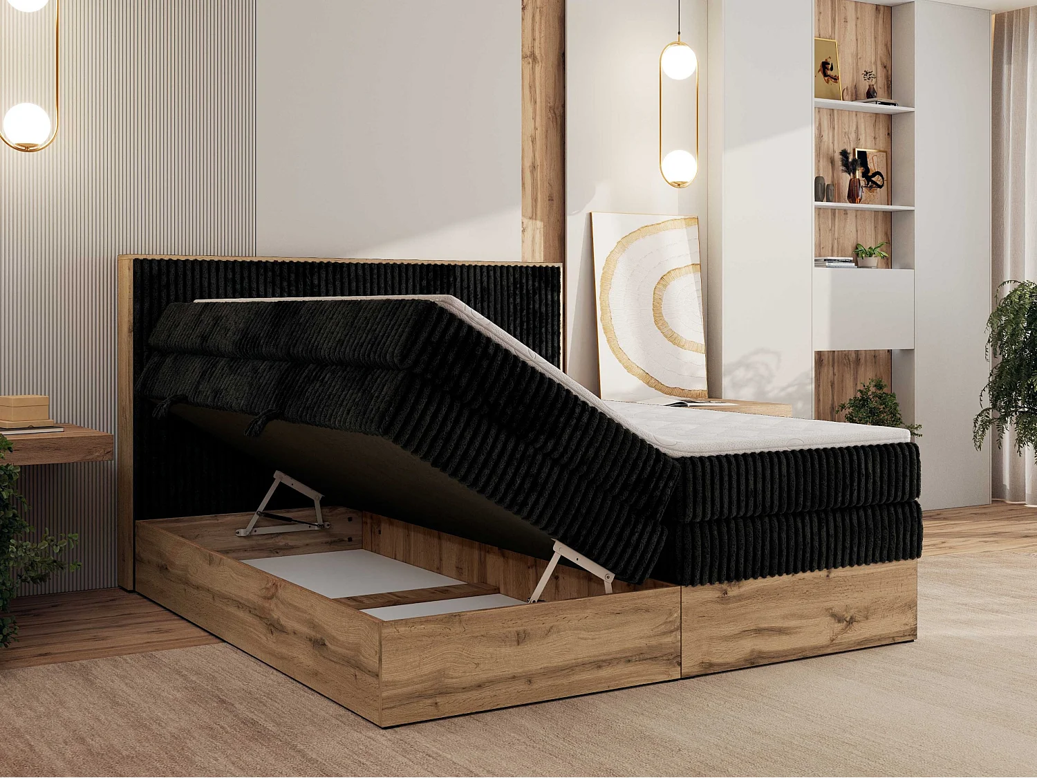 Boxspringbett WOOD CLASSIC KING - Polsterbett mit hohe Kopfteil, zwei Multipocket-Matratze, Bettkästen - 160x200 cm - H3 - Schwarz Cord