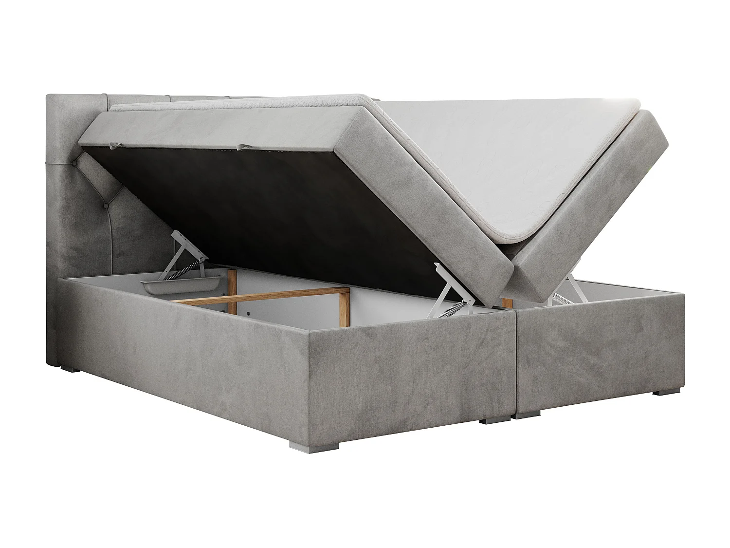 Boxspringbett ALDA - Doppelbett mit gestepptem Kopfteil, Multipocket-Matratze und Topper, zwei Bettkästen - 160x200 cm - H3 - Hellgrau Velvet