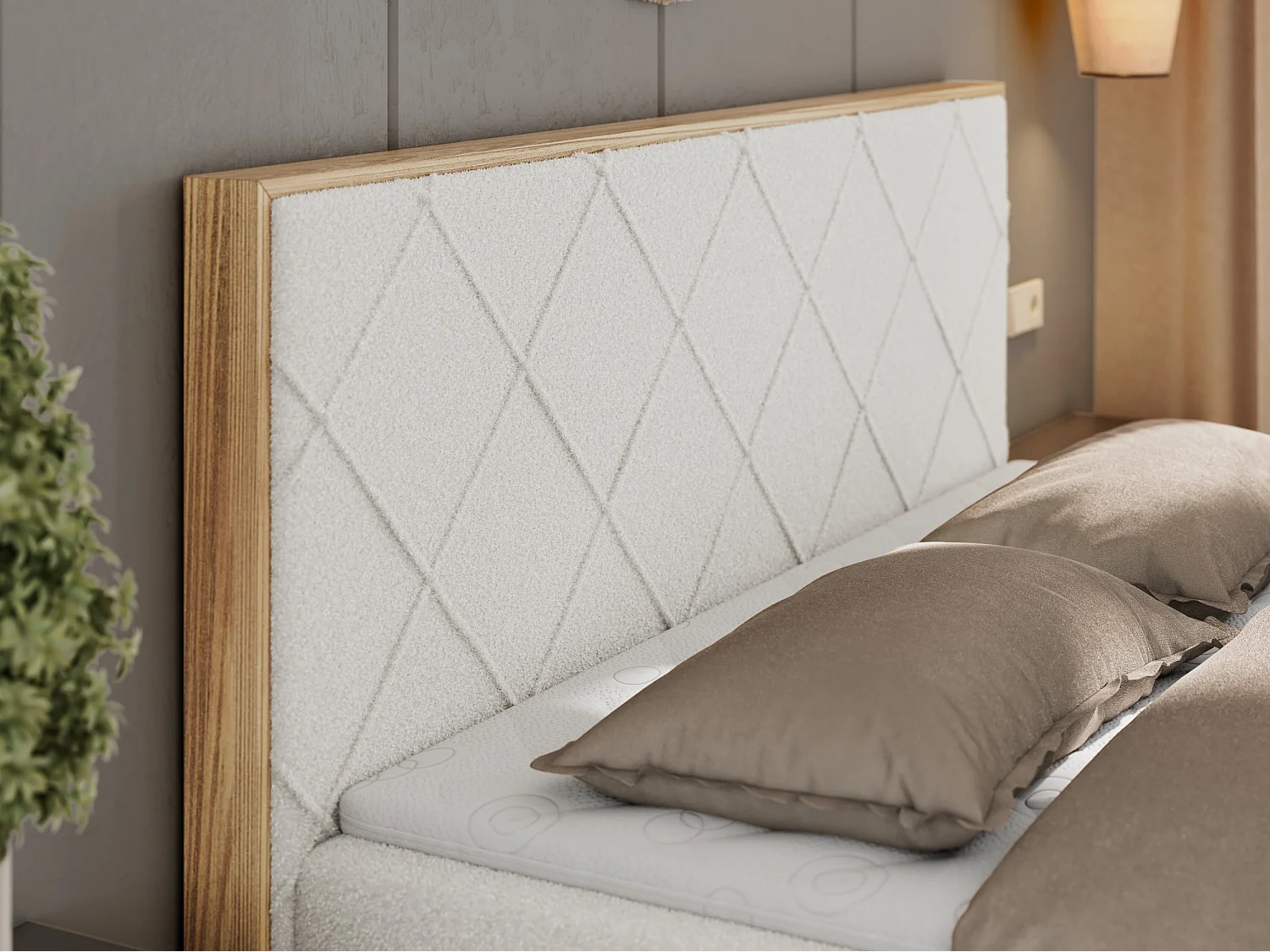 Boxspringbett CAICOS - mit gestepptem Kopfteil, Multipocket-Matratze und Topper, Holzelementen - 160x200 cm - H3 - Weiß Boucle