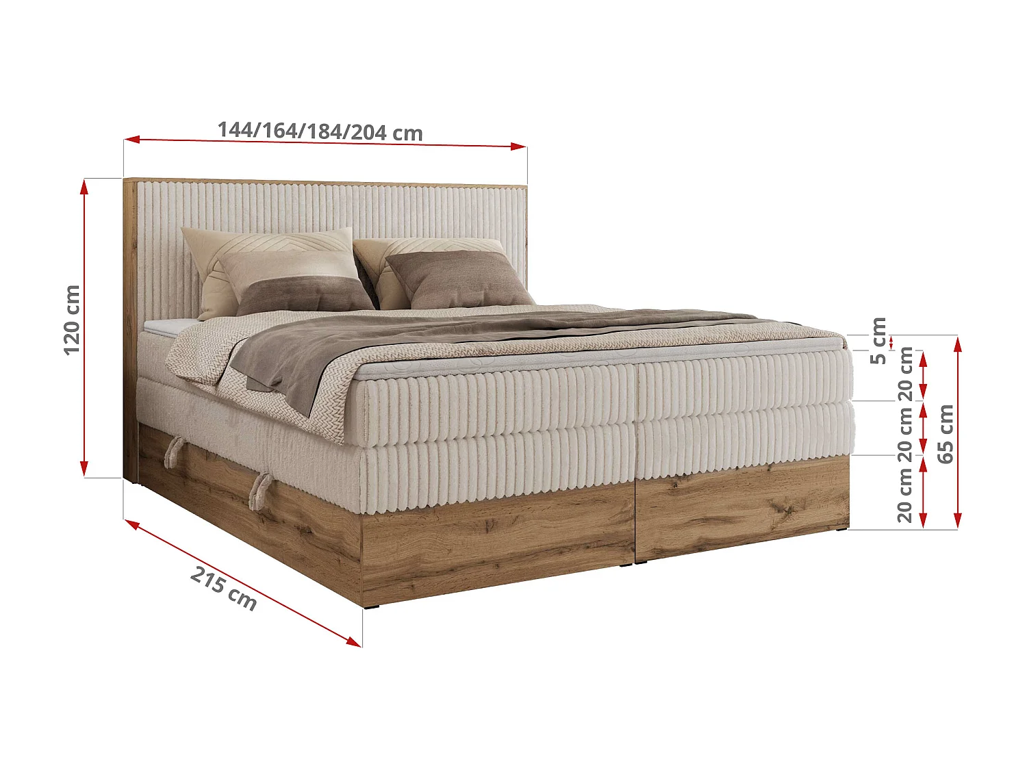 Boxspringbett WOOD CLASSIC KING - Polsterbett mit hohe Kopfteil, zwei Multipocket-Matratze, Bettkästen - 180x200 cm - H3 - Beige Cord