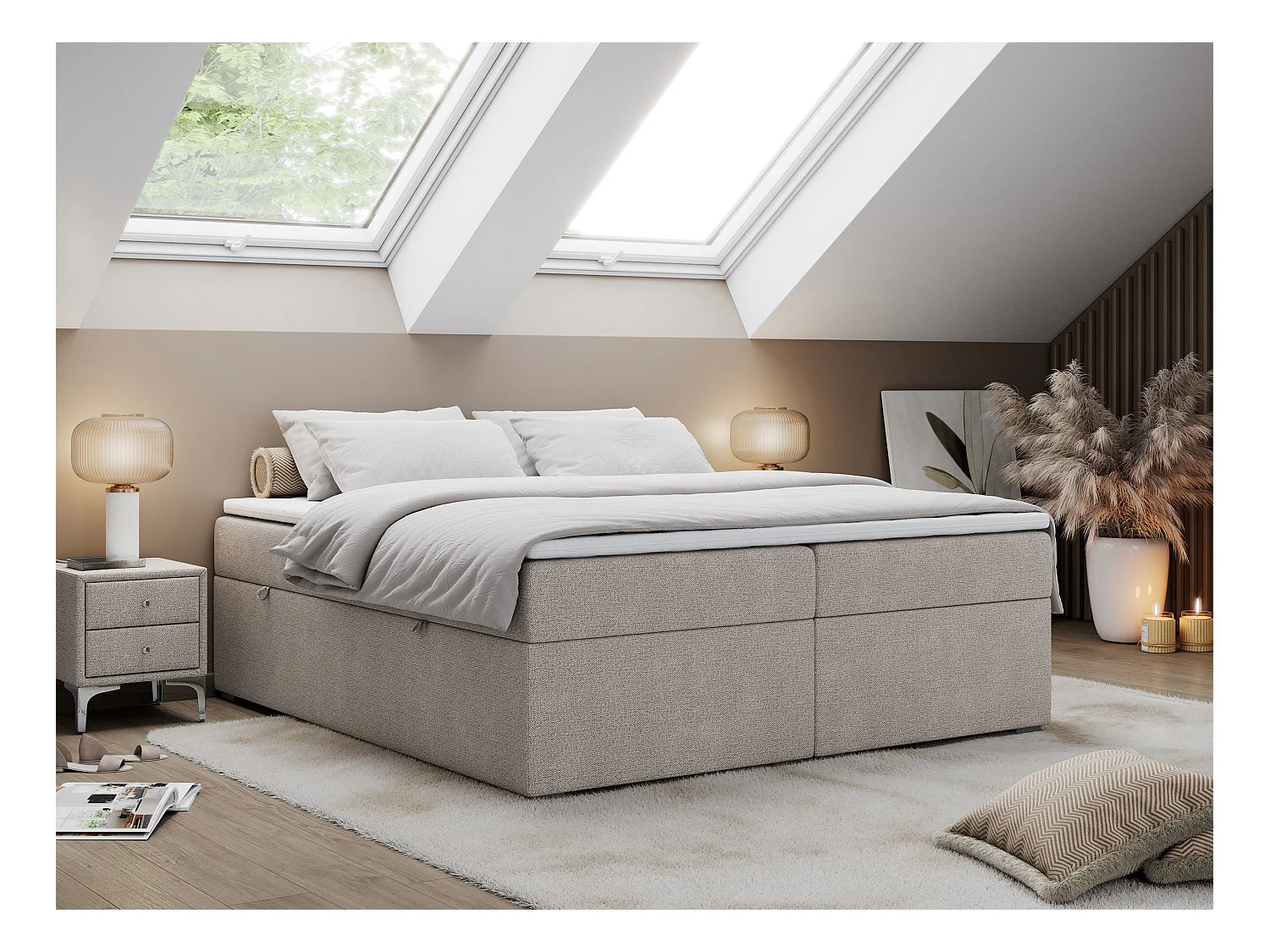 Boxspringbett BESS - Doppelbett mit Stauraum, Polsterbett, Multipocket-Matratzen und Topper - 180x200 cm - H3 - Beige Strukture