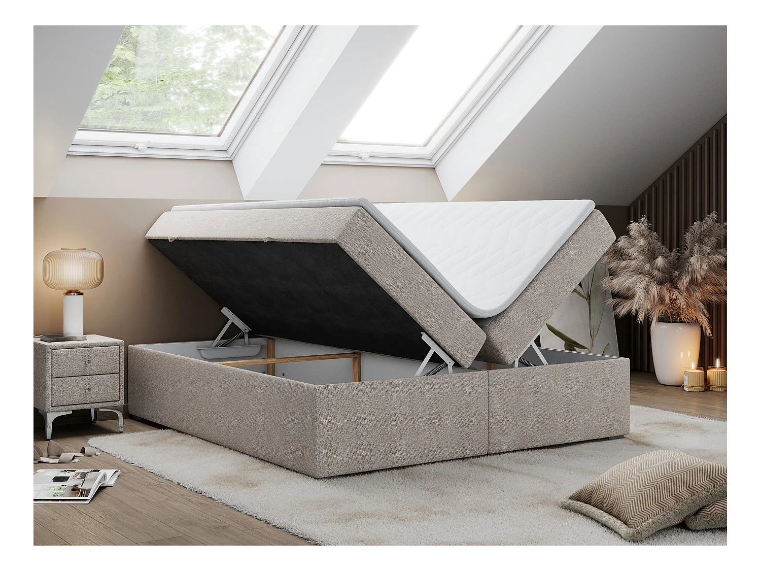 Boxspringbett BESS - Doppelbett mit Stauraum, Polsterbett, Multipocket-Matratzen und Topper - 180x200 cm - H3 - Beige Strukture