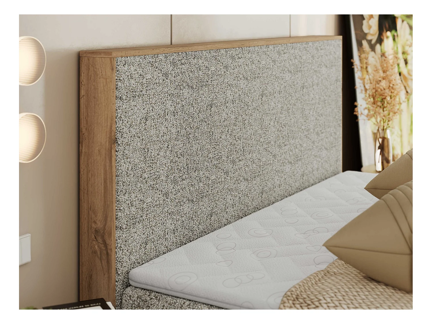Boxspringbett WOOD CLASSIC - Doppelbett für Schlafzimmer, Set mit Multipocket-Matratze, Holzrahmen - 160x200 cm - H3 - Beige Strukture