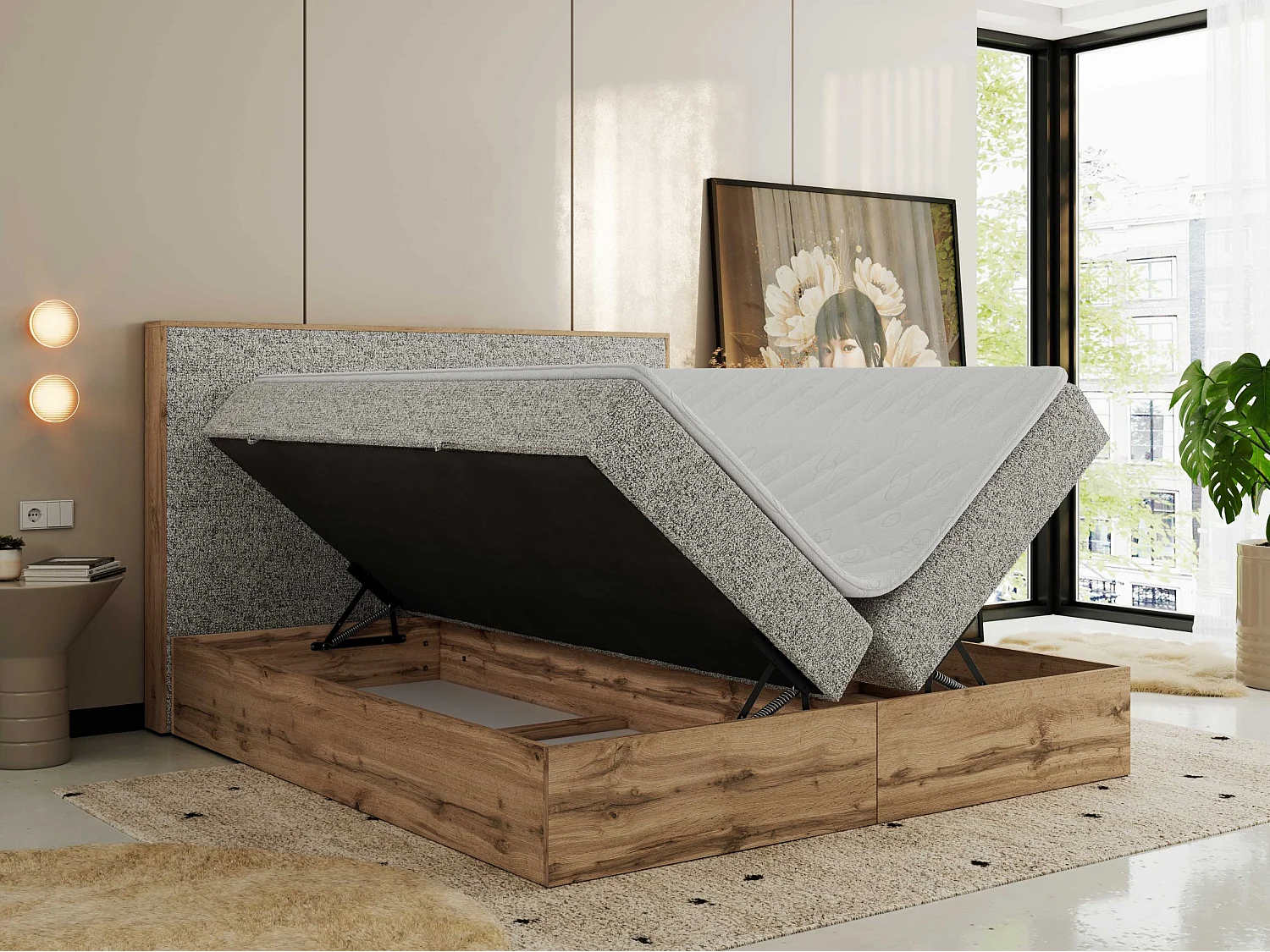 Boxspringbett WOOD CLASSIC - Doppelbett für Schlafzimmer, Set mit Multipocket-Matratze, Holzrahmen - 160x200 cm - H3 - Beige Strukture