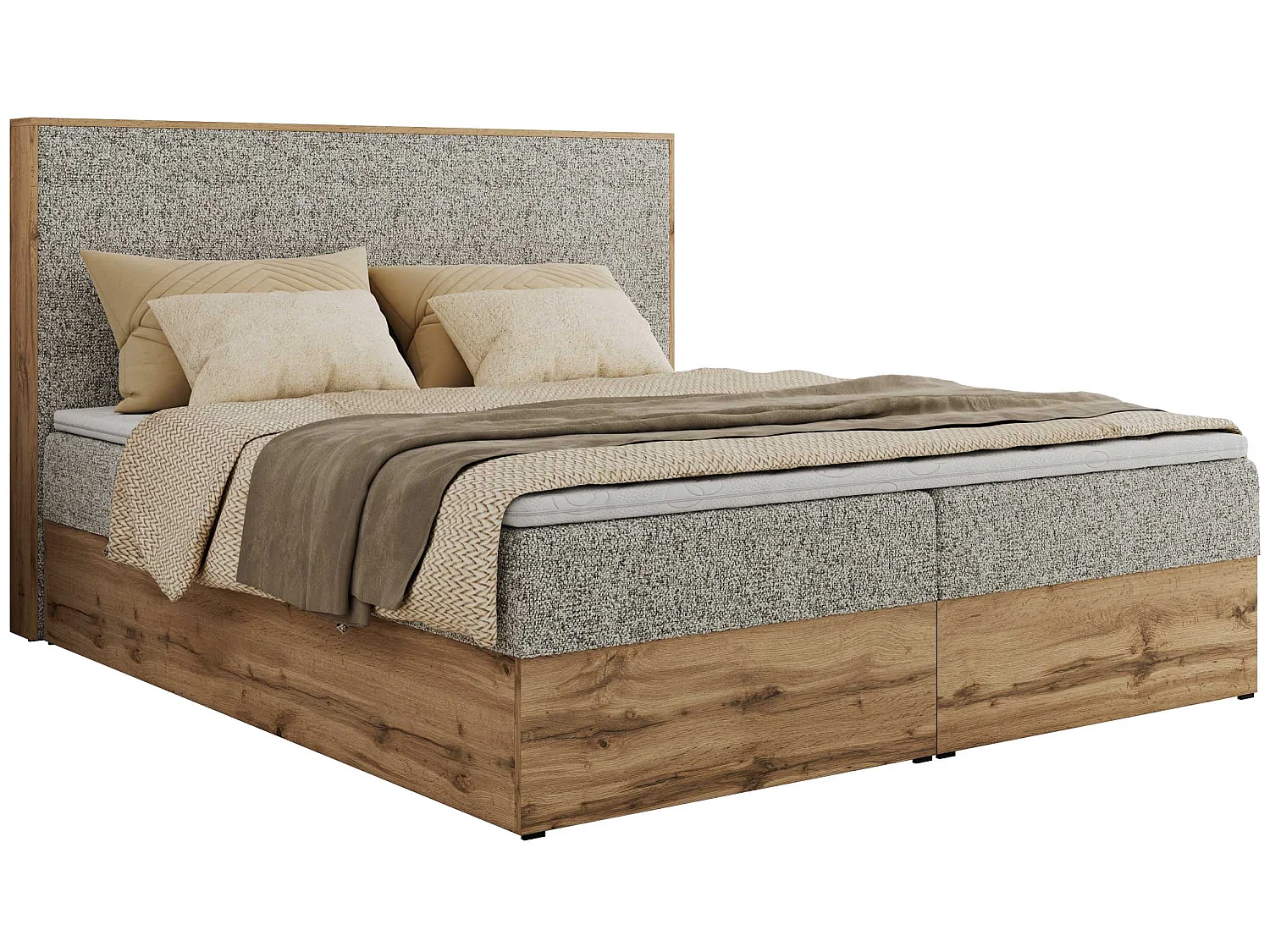Boxspringbed met hoofdbord H3 + Topper T25 - Beige Structuurstof - 160x200 - WOOD CLASSIC