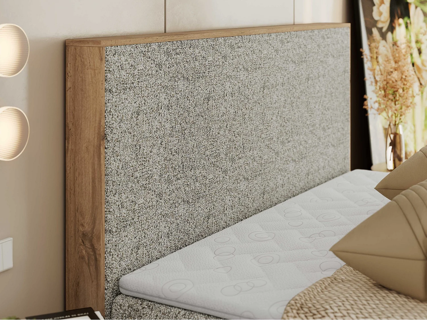 Boxspringbed met hoofdbord H3 + Topper T25 - Beige Structuurstof - 160x200 - WOOD CLASSIC