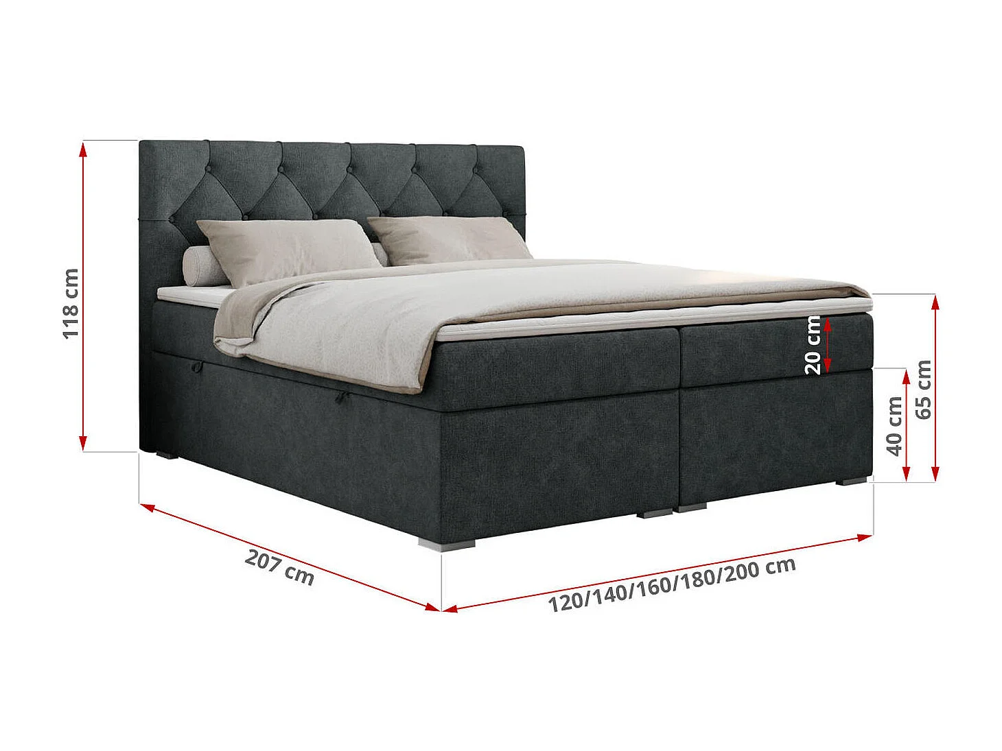 Boxspringbett ALDA - Doppelbett mit gestepptem Kopfteil, Multipocket-Matratze und Topper, zwei Bettkästen - 180x200 cm - H3 - Dunkelgrau Strukture