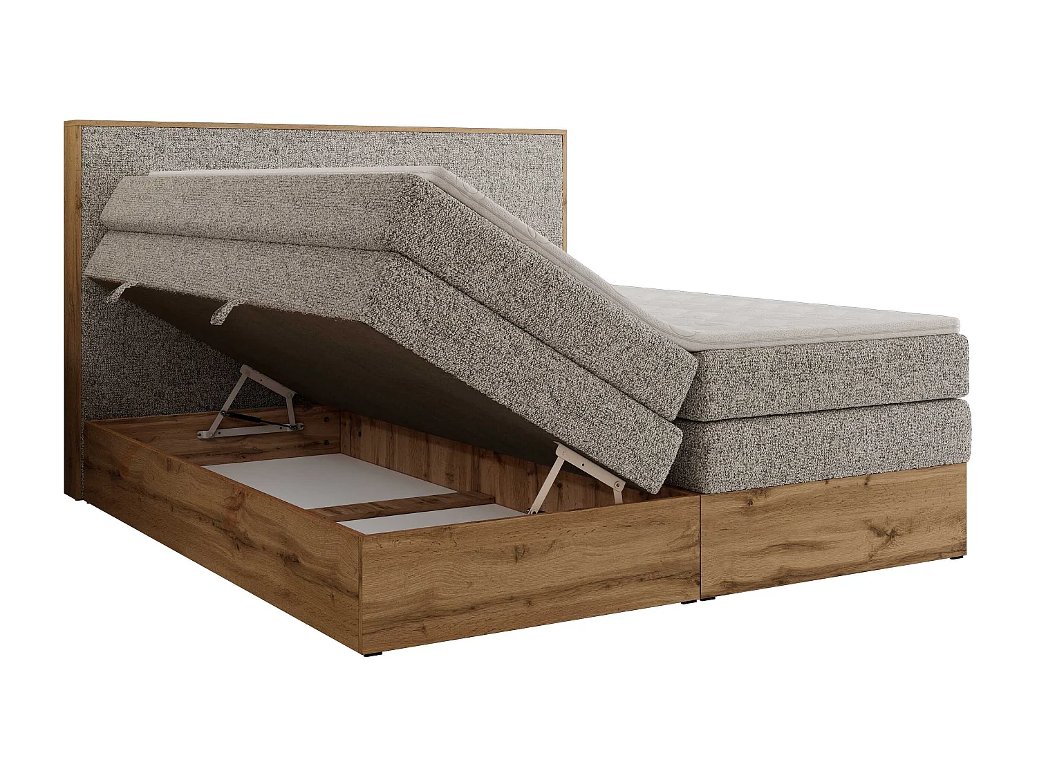 Boxspringbett WOOD CLASSIC KING - Polsterbett mit hohe Kopfteil, zwei Multipocket-Matratze, Bettkästen - 160x200 cm - H3 - Beige Strukture