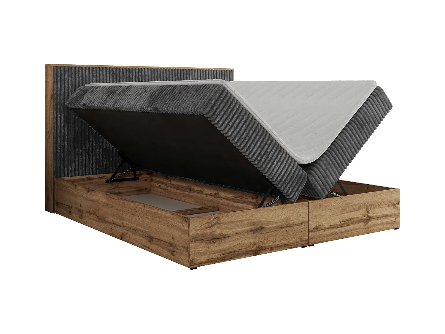 Boxspringbett WOOD CLASSIC - Doppelbett für Schlafzimmer, Set mit Multipocket-Matratze, Holzrahmen - 180x200 cm - H3 - Grau Cord