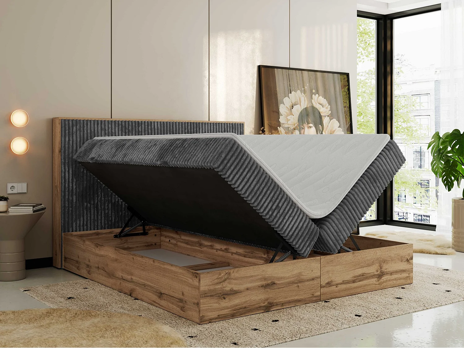 Boxspringbett WOOD CLASSIC - Doppelbett für Schlafzimmer, Set mit Multipocket-Matratze, Holzrahmen - 180x200 cm - H3 - Grau Cord