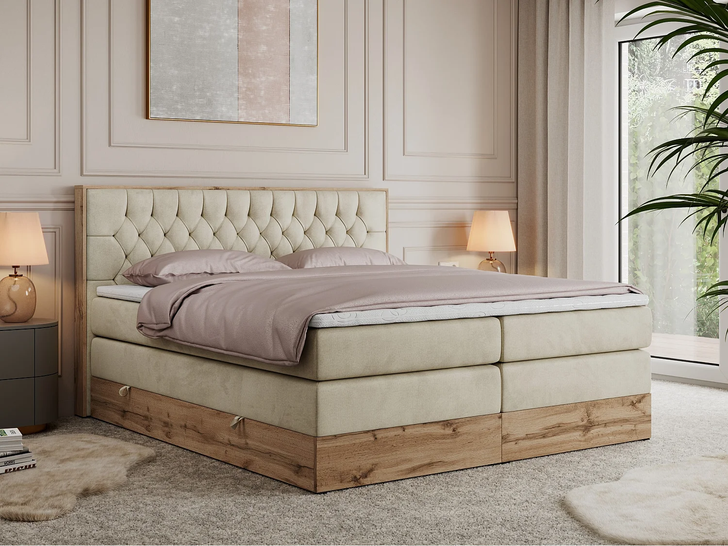 Boxspringbett AMORE KING - gesteppte Kopfstütze, Polsterbett mit zwei Multipocket-Matratzen, Holzrahmen - 140x200 cm - H3 - Beige Velvet