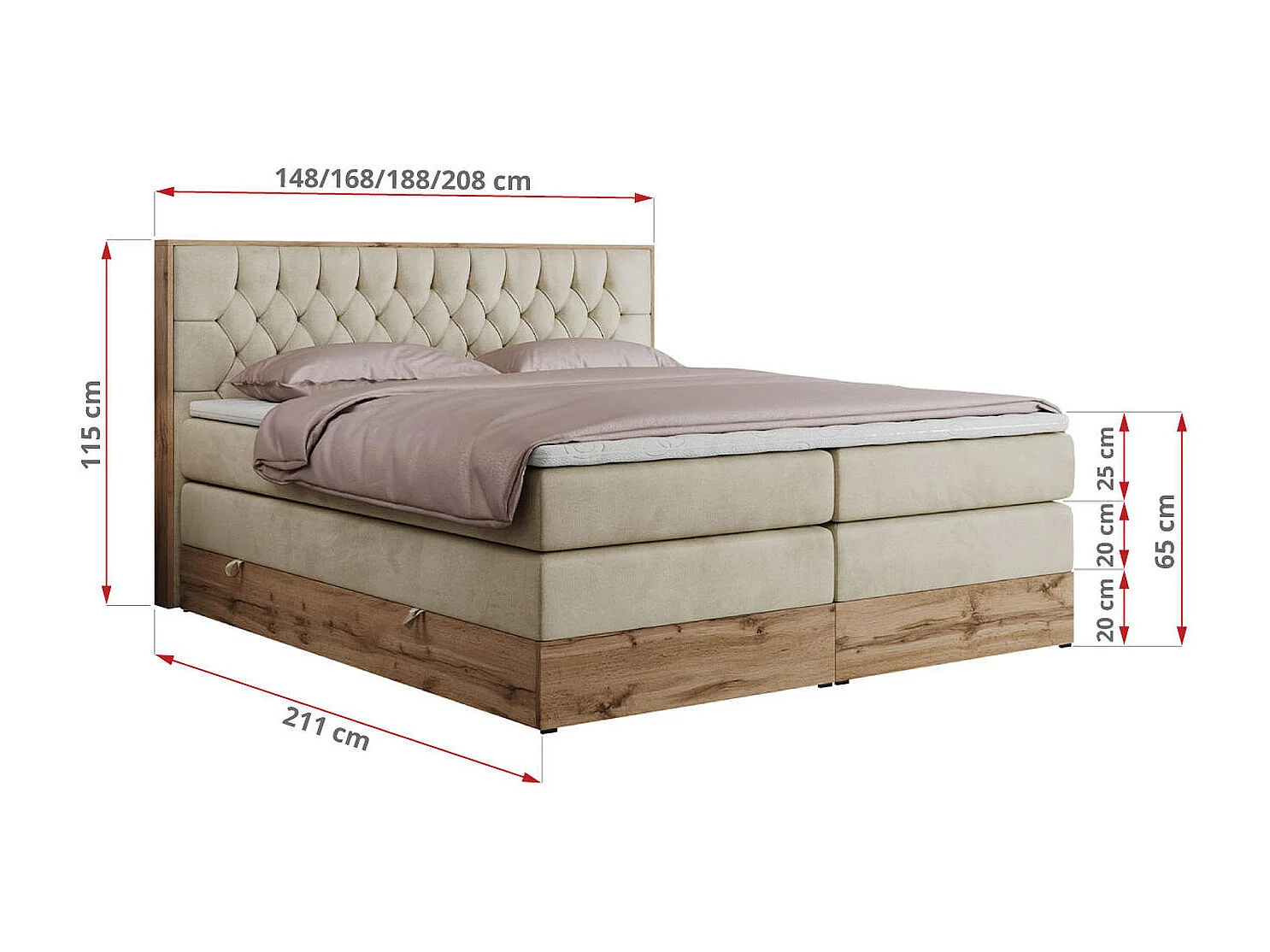 Boxspringbett AMORE KING - gesteppte Kopfstütze, Polsterbett mit zwei Multipocket-Matratzen, Holzrahmen - 140x200 cm - H3 - Beige Velvet