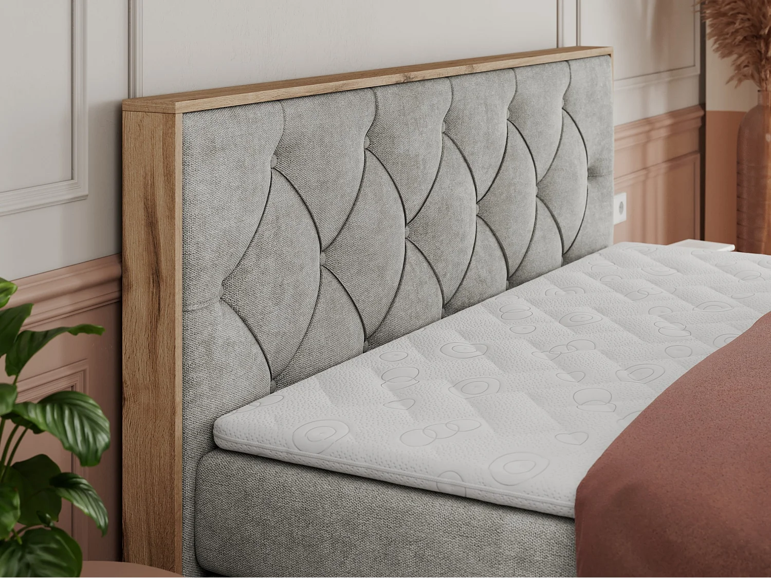 Boxspringbett VENETO KING - Polsterbett mit Multipocket-Matratzen und Kopfteil, Holzrahmen, zwei Bettkästen - 180x200 cm - H3 - Hellgrau Strukture