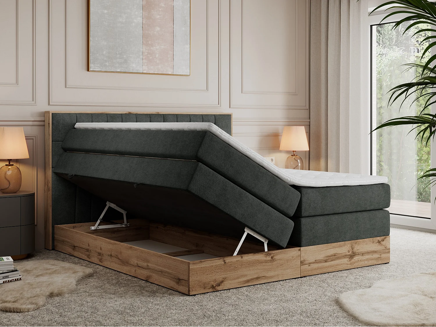 Boxspringbett AMORE KING - gesteppte Kopfstütze, Polsterbett mit zwei Multipocket-Matratzen, Holzrahmen - 140x200 cm - H4 - Dunkelgrau Strukture