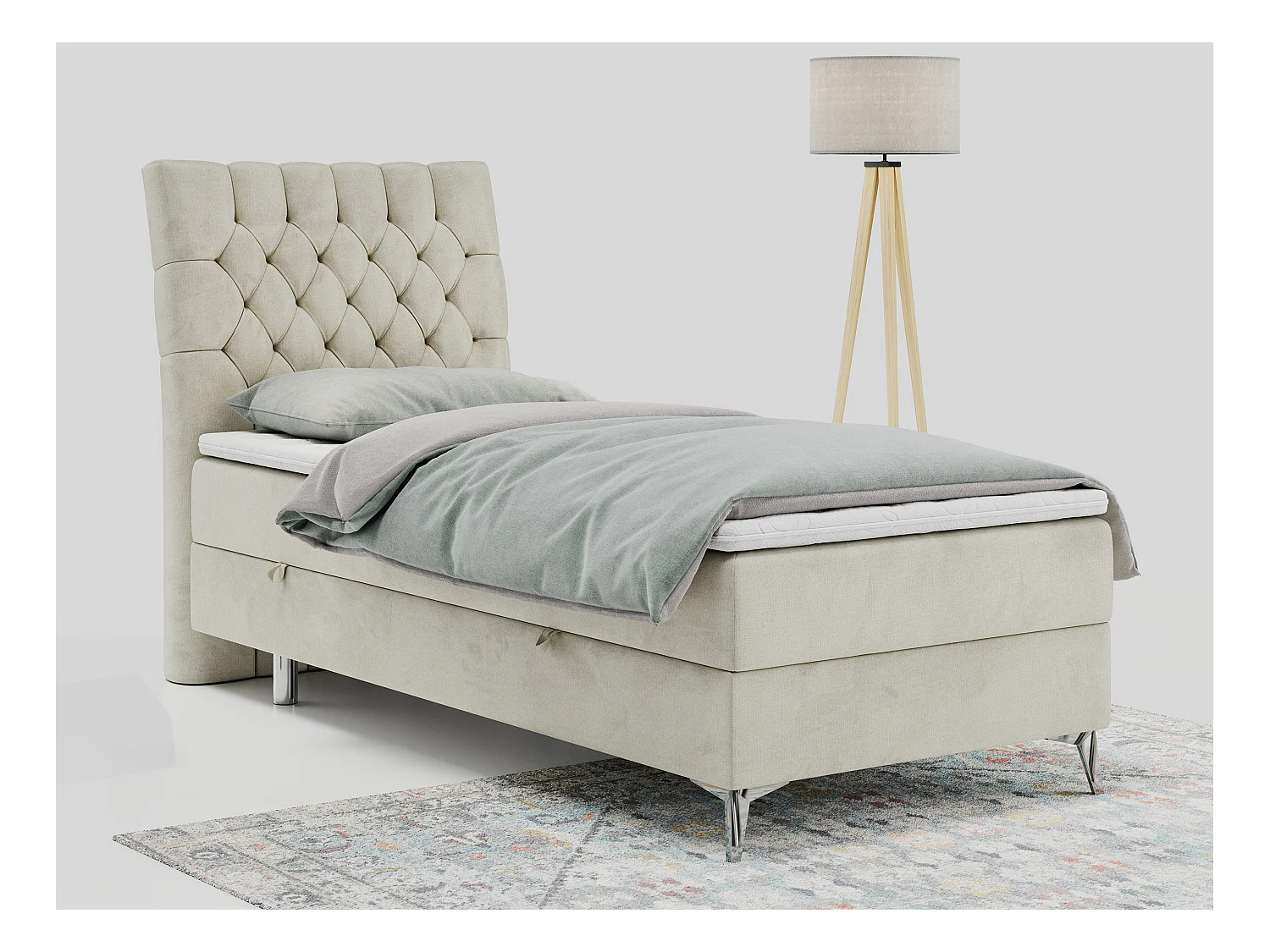 Boxspringbett MILEN - Polsterbett auf Metallbeine, Set mit Multipocket-Matratze, Gesteppte Kopfstütze - 90x200 cm - H4 - Beige Velvet - Links Seite