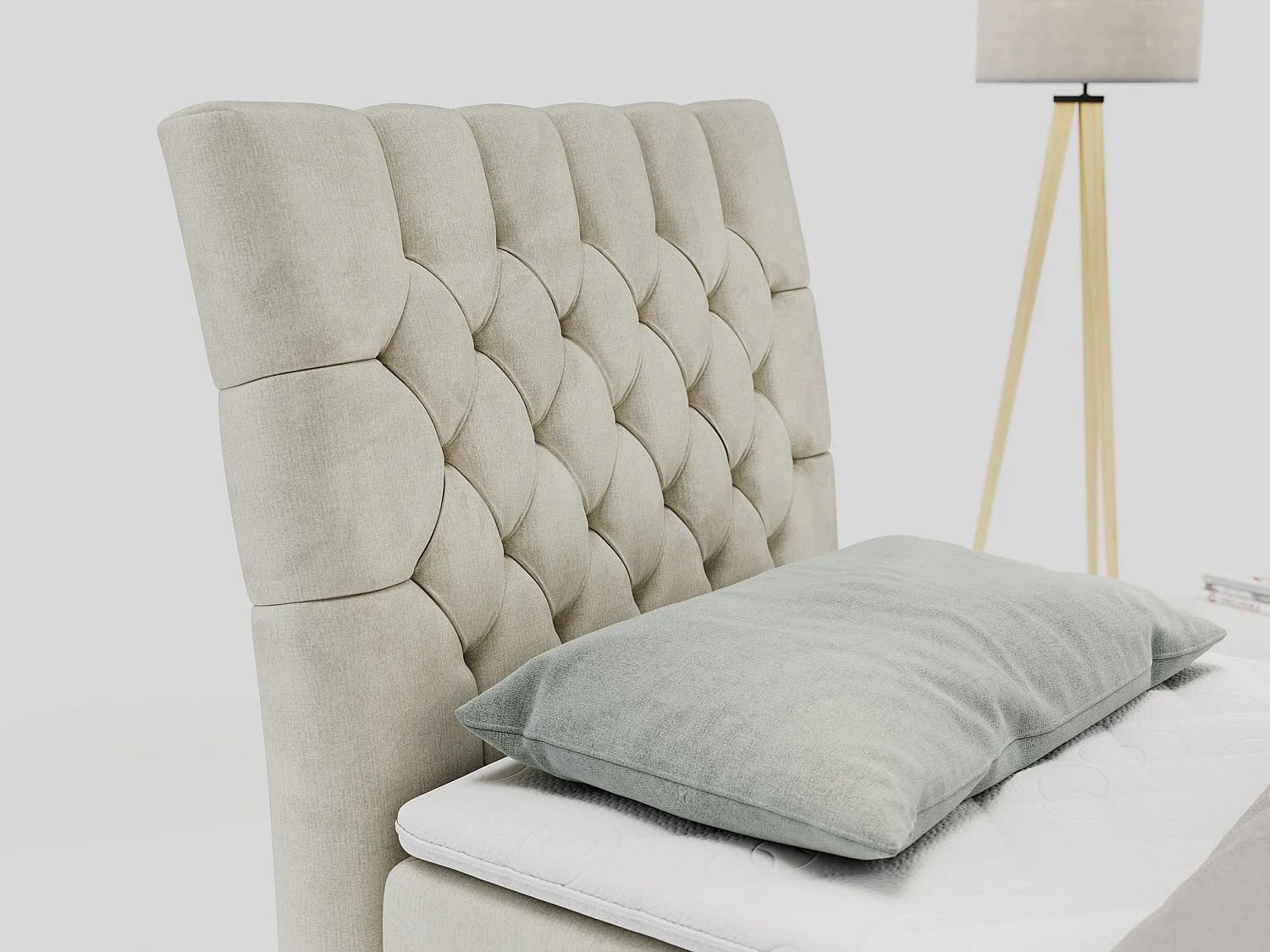 Boxspringbett MILEN - Polsterbett auf Metallbeine, Set mit Multipocket-Matratze, Gesteppte Kopfstütze - 90x200 cm - H4 - Beige Velvet - Links Seite