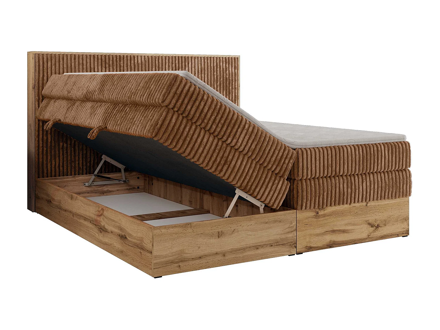 Boxspringbett WOOD CLASSIC KING - Polsterbett mit hohe Kopfteil, zwei Multipocket-Matratze, Bettkästen - 160x200 cm - H3 - Orange Cord