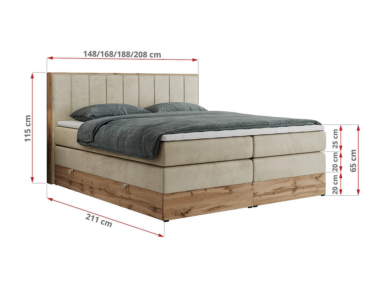 Boxspringbett BELLISSIMO KING - für Schlafzimmer, zwei Multipocket-Matratzen, Set mit Kopfteil und Topper, Holzrahmen - 140x200 cm - H3 - Beige Velvet