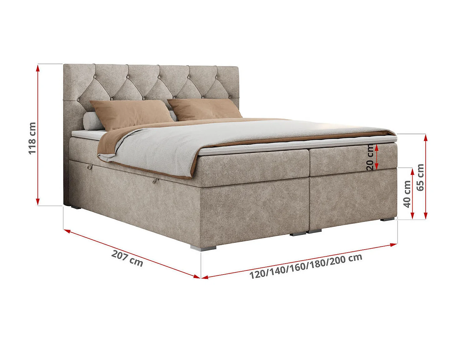 Boxspringbett ALDA - Doppelbett mit gestepptem Kopfteil, Multipocket-Matratze und Topper, zwei Bettkästen - 180x200 cm - H3 - Beige Strukture