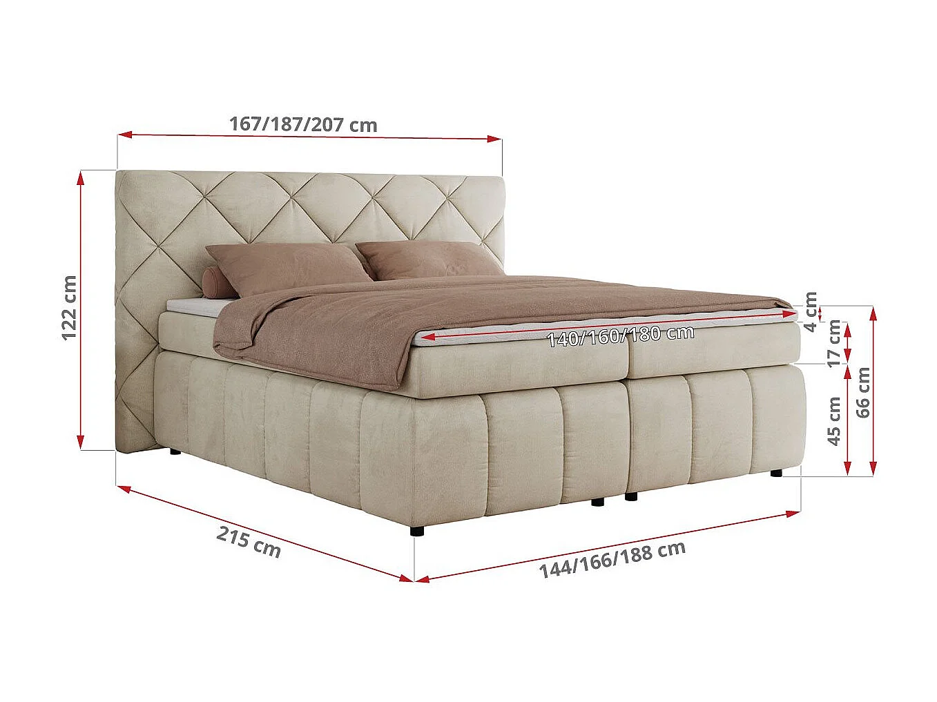 Boxspringbett RITA - Set mit Kopfteil, Multipocket-Matratze und Topper, Doppelbett für Schlafzimmer - 160x200 cm - H4 - Beige Velvet