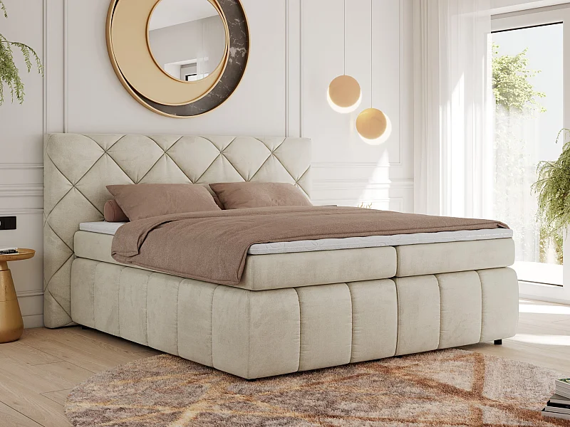 Boxspringbett RITA - Set mit Kopfteil, Multipocket-Matratze und Topper, Doppelbett für Schlafzimmer - 160x200 cm - H4 - Beige Velvet