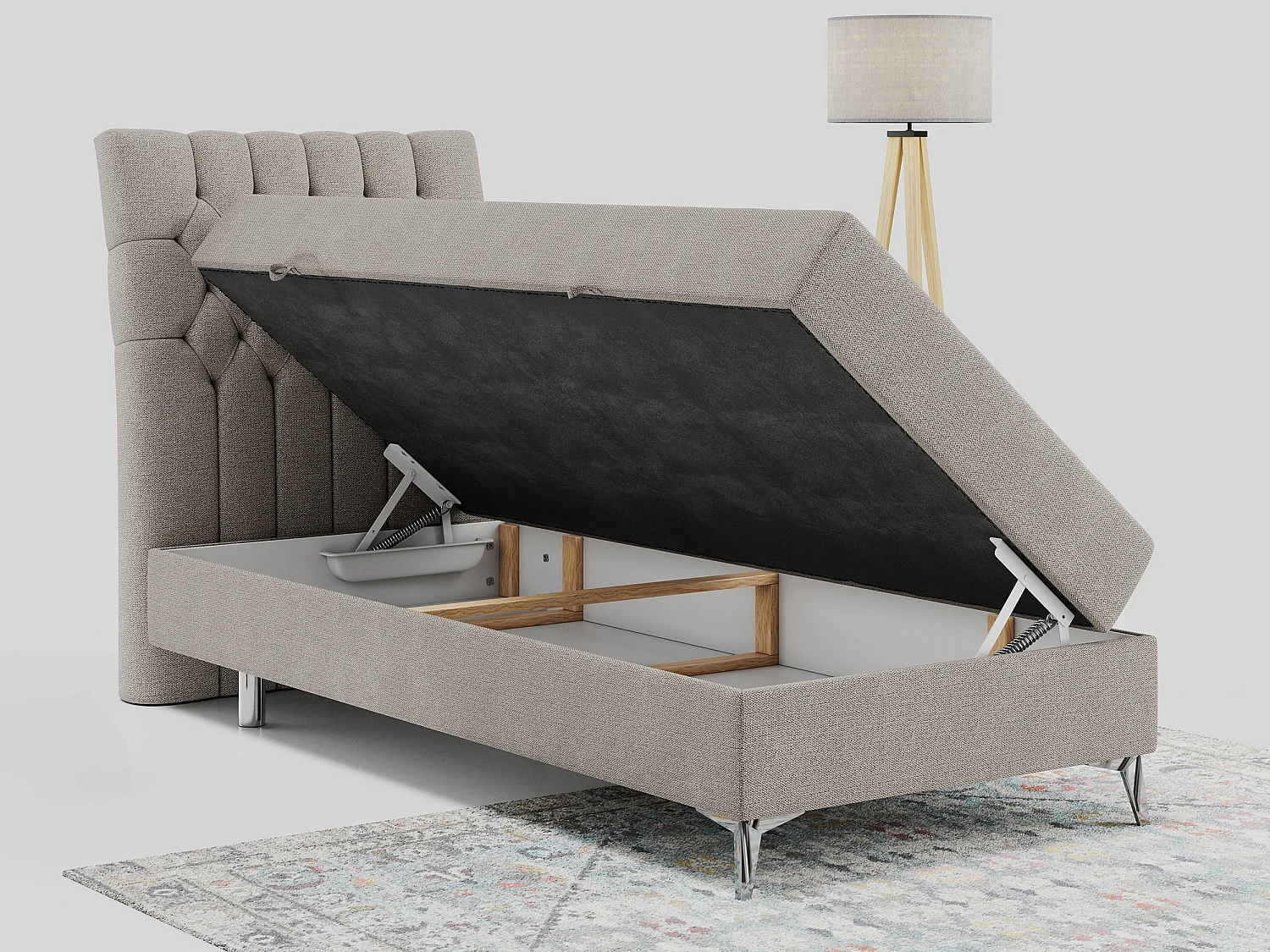 Boxspringbett MILEN - Polsterbett auf Metallbeine, Set mit Multipocket-Matratze, Gesteppte Kopfstütze - 90x200 cm - H3 - Beige Strukture - Links Seite