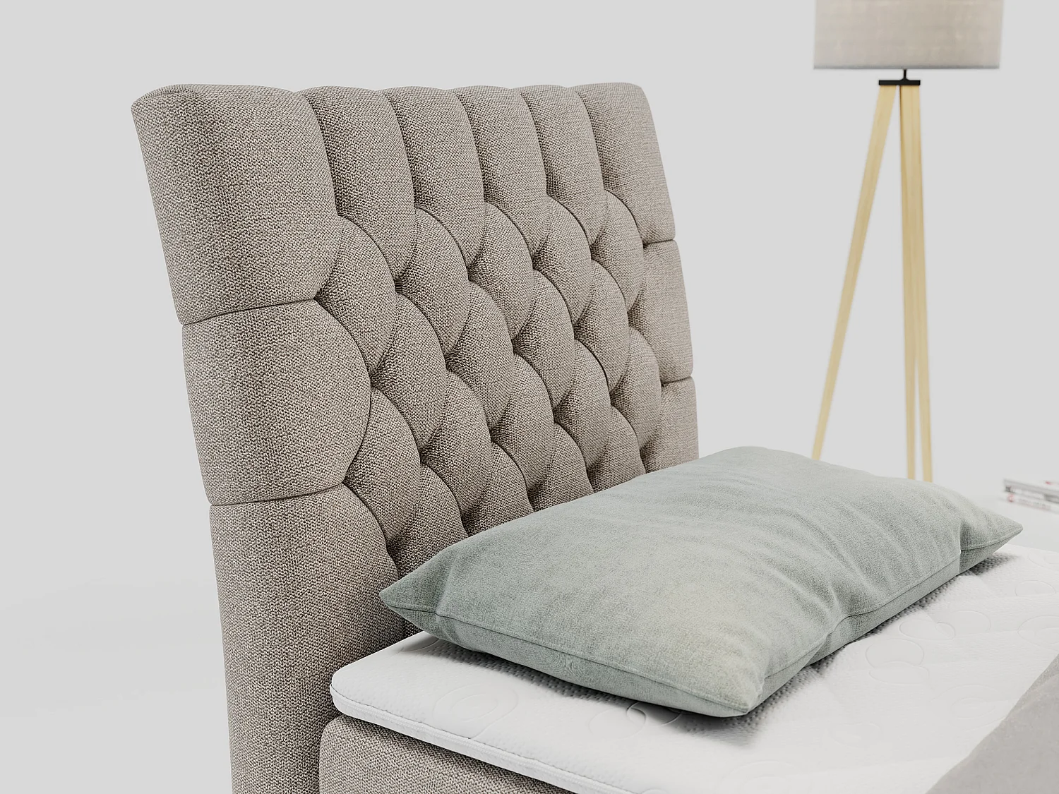 Boxspringbett MILEN - Polsterbett auf Metallbeine, Set mit Multipocket-Matratze, Gesteppte Kopfstütze - 90x200 cm - H3 - Beige Strukture - Links Seite